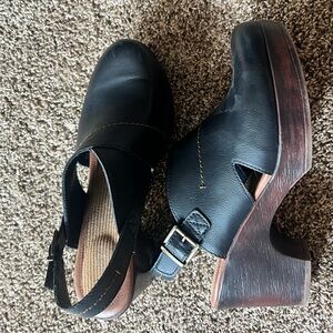 Women's Black Leather Clogs - worn